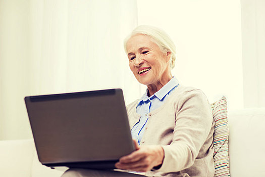 高兴,老年,女人,笔记本电脑,在家