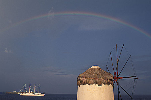 欧洲,希腊,米克诺斯岛,游船,风车,彩虹