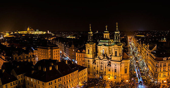 历史,中心,教堂,老城广场,风景,老市政厅,夜晚,拉德肯尼,布拉格城堡,大教堂,背影,布拉格,捷克共和国,欧洲