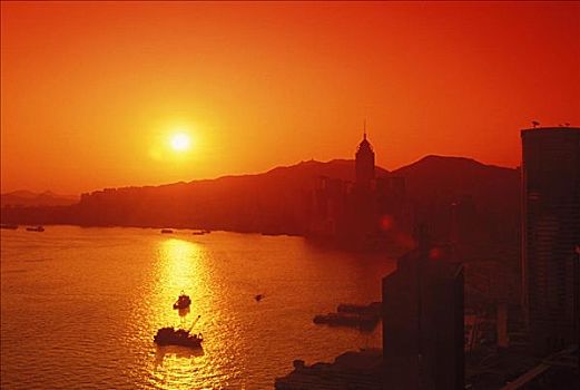 日落,上方,山,香港