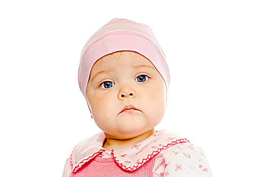 严肃,婴儿,粉色,帽子,白色背景