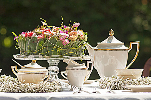 优雅,浪漫,茶几,花园,花,安放,玻璃,点心架,精美,花环,丝石竹属植物