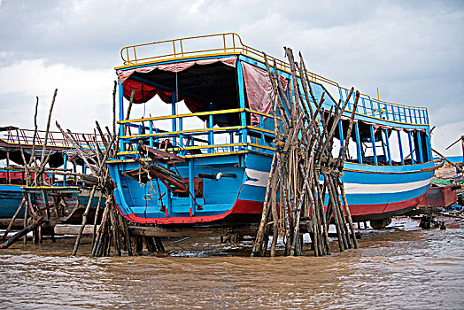 柬埔寨,吴哥,树液,湖,船,干燥,向前看,旅游