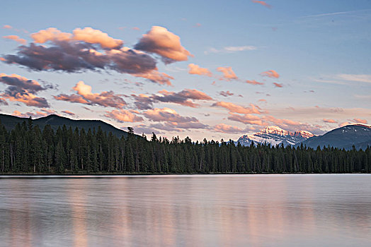 日落,湖,碧玉国家公园,加拿大