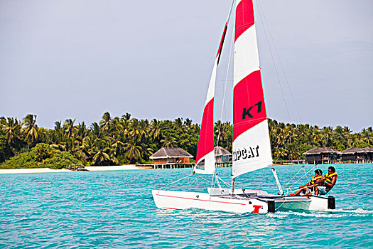 马尔代夫,环礁,岛屿,两个男人,帆,双体船
