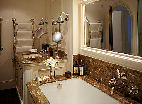 特写,传统,浴室,展示,合适,大理石,围绕,盥洗池,镜子