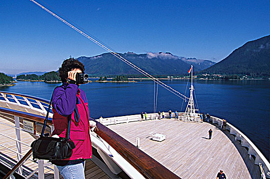 美国,阿拉斯加,游船,船首,努特卡,女人,拍摄,录像