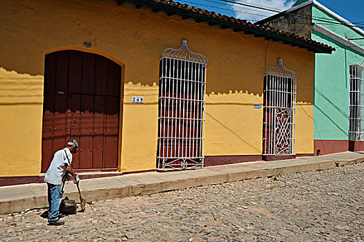加勒比,古巴,圣斯皮里图斯,特立尼达,涂绘,房子,道路,清道夫