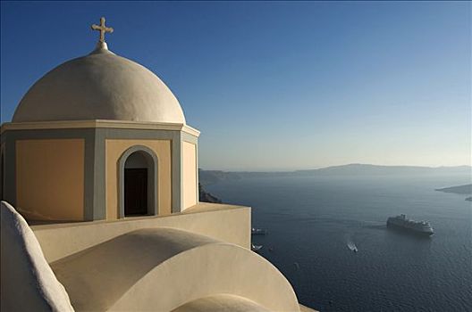 圆顶,教堂,风景,游轮,火山口,锡拉岛,基克拉迪群岛,爱琴海,希腊