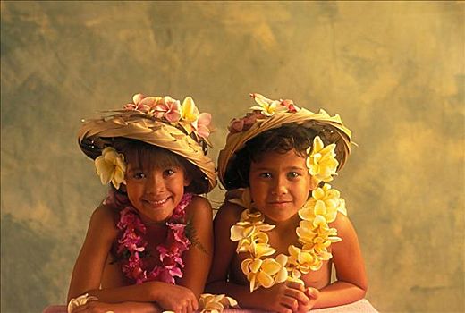 夏威夷,两个,姐妹,椰树,棕榈叶,帽子