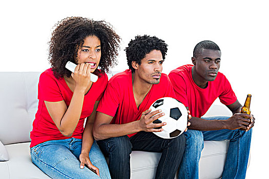 不安,足球,球迷,红色,坐,沙发