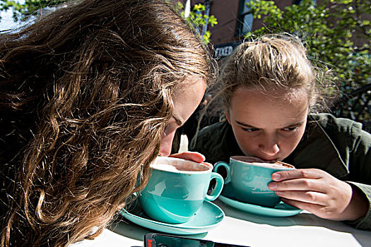 特写,两个女孩,享受,咖啡,纽芬兰,拉布拉多犬,加拿大