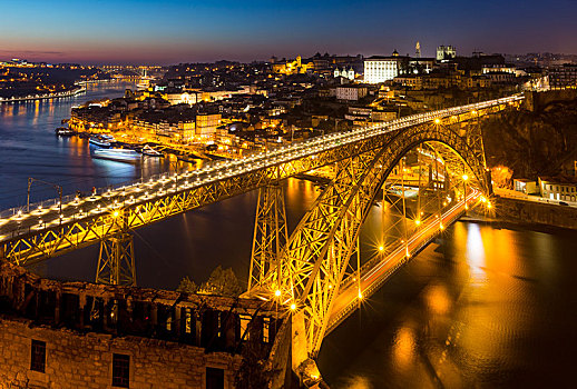 桥,拱桥,俯视,杜罗河,欧洲,夜景,波尔图,葡萄牙