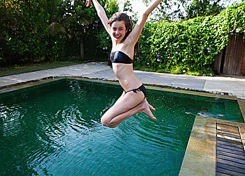 女孩,跳跃,游泳池