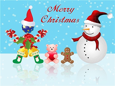 圣诞快乐,明信片,雪人,姜饼,泰迪熊,圣诞装饰