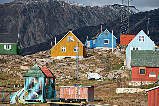 格陵兰,半岛,迪斯科湾,市区,特色,彩色,木质,乡村,家,大幅,尺寸