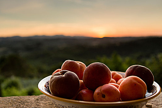 碗,桃,杏子,日落,风景