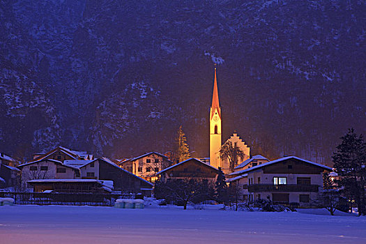 奥地利,提洛尔,靠近,冬天,晚间