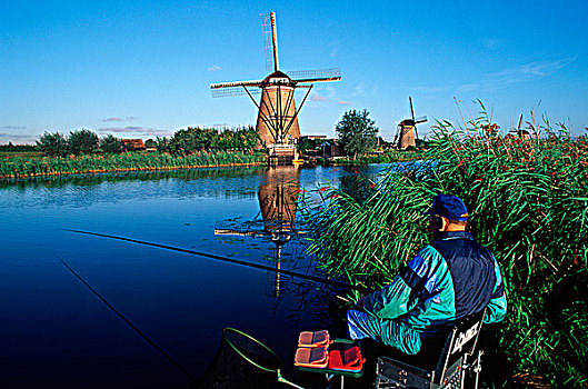 钓鱼,男人,运河,风车,荷兰