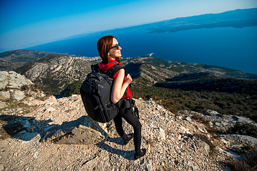 女人,旅行,岛屿,上面,美女,旅行者,背包,站立,山
