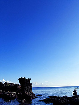 海,石头,渔夫,蓝天白云