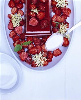 浇撒,草莓,脱脂奶果冻,糖