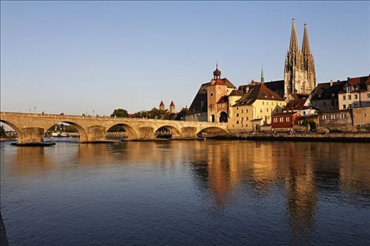 石桥,大教堂,老城,天际线,多瑙河,雷根斯堡