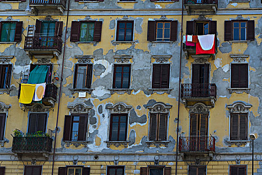 洗衣服,悬挂,露台,损坏,建筑,窗户,都灵,意大利