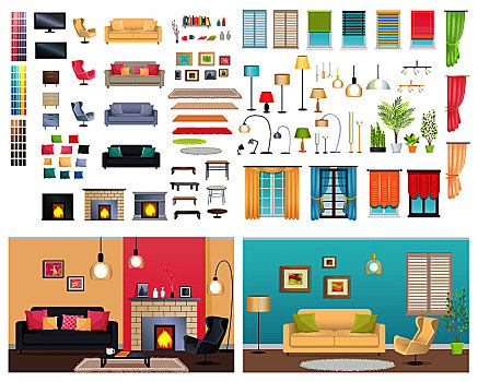 现代,室内,两个,不同,舒适,公寓,矢量,插画,多样,家具,装饰,物品,罐,选择,沙发,垫子,灯光,装置,烟囱,窗户
