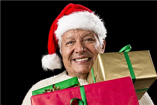 高兴,老人,圣诞老人,帽,三个,圣诞节,礼物