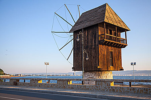 老,木质,风车,海岸,流行,地标,内塞巴尔,城镇,保加利亚