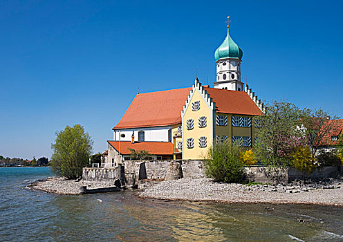 城堡,教堂,圣乔治,半岛,康士坦茨湖,斯瓦比亚,巴伐利亚,德国,欧洲