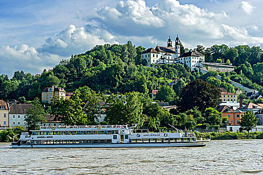 游船,因河,顶端,朝圣教堂,寺院,帕绍,下巴伐利亚,巴伐利亚,德国,欧洲