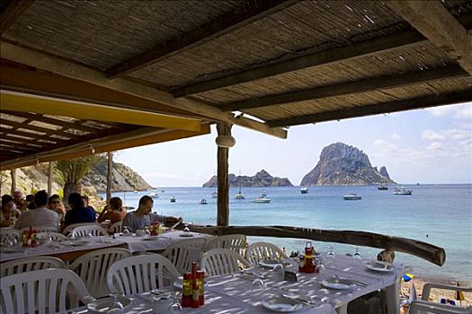 海滩,餐馆,伊比沙岛,巴利阿里群岛,西班牙,欧洲