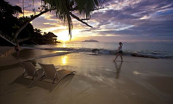 日落,靠近,缓坡,日落海滩,酒店,马埃岛,塞舌尔,印度洋,非洲