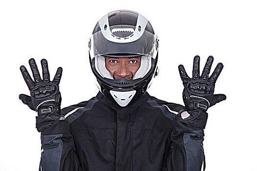 摩托车手,戴着,黑色,外套,手套,头盔
