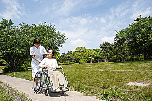 老太太,轮椅,护理,女人