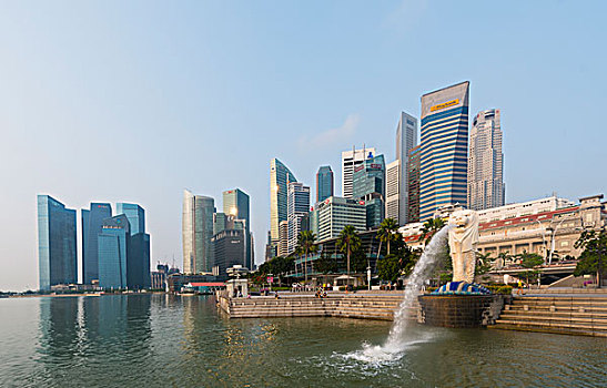 鱼尾狮,日出,象征,城市,新加坡,公园,市区,金融区,摩天大楼,亚洲