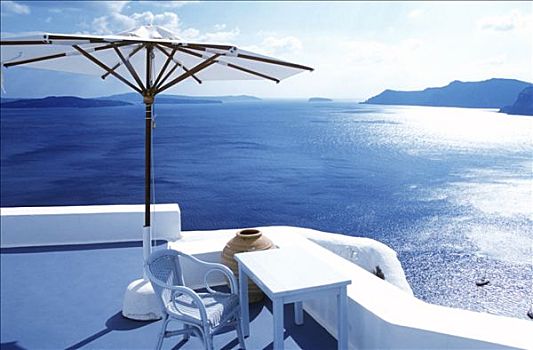 希腊,圣特林,酒店,小,桌子,伞,扶手椅,平台