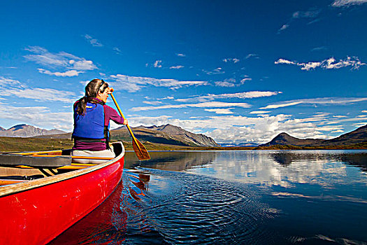 女人,一前一后,独木舟,缠结,湖,德纳里峰,公路,阿拉斯加山脉,室内,阿拉斯加,秋天
