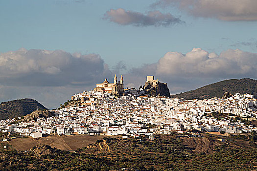 山顶,白色,城镇,奥维拉,教堂,摩尔风格,城堡,卡迪兹,安达卢西亚,西班牙,欧洲