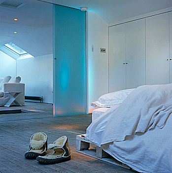 褥垫,木质,柜厨,一个,墙壁,简单,卧室,分开,生活方式,区域,玻璃,滑动门