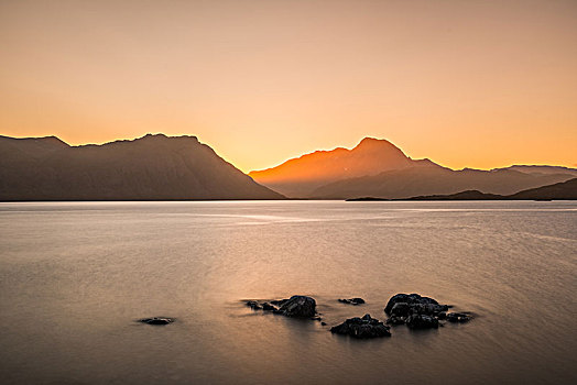 石头,峡湾,后面,山,日落,西部,格陵兰,北美