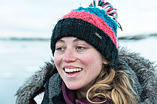 美女,戴着,羊毛帽,笑,头像,冰河,泻湖,冰岛,欧洲