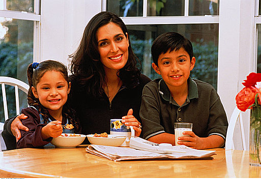肖像,母亲,儿子,女儿,吃饭,厨房用桌