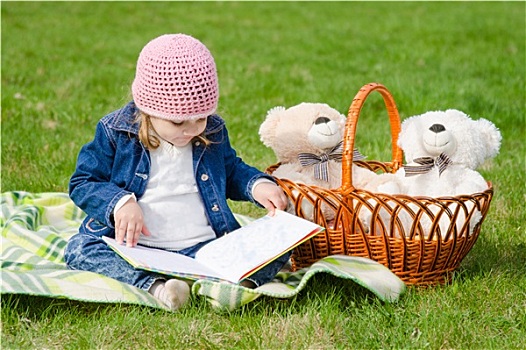 高兴,三个,老,女孩,读,书本,野餐