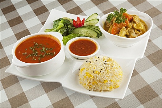 咖喱鸡,印度,盘子,汤,米饭