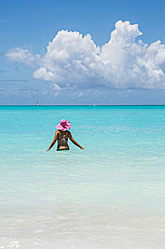 洗澡,青绿色,水,加勒比海,高兴,海滩,安提瓜和巴布达,岛屿,西印度群岛