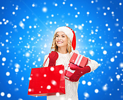 高兴,寒假,圣诞节,人,概念,微笑,少妇,圣诞老人,帽子,礼盒,购物袋,上方,蓝色,雪,背景