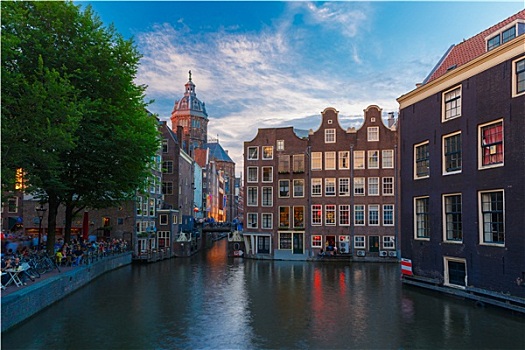 夜晚,城市风光,阿姆斯特丹,运河,教堂,桥